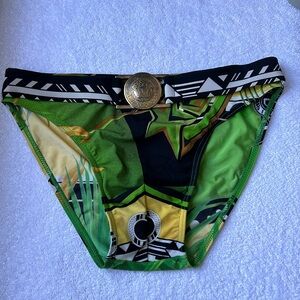 VERSACE men’s swim brief with gold Medusa appliqué.